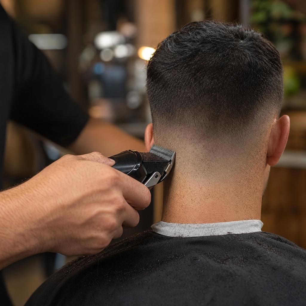 Barber creating a precise skin fade with cordless clippers
