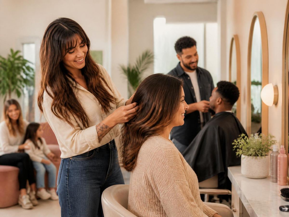 Professional salon team tools flat-lay on warm walnut — leather roll of silver shears, cordless clippers, ceramic curling iron, boar-bristle brush and combs